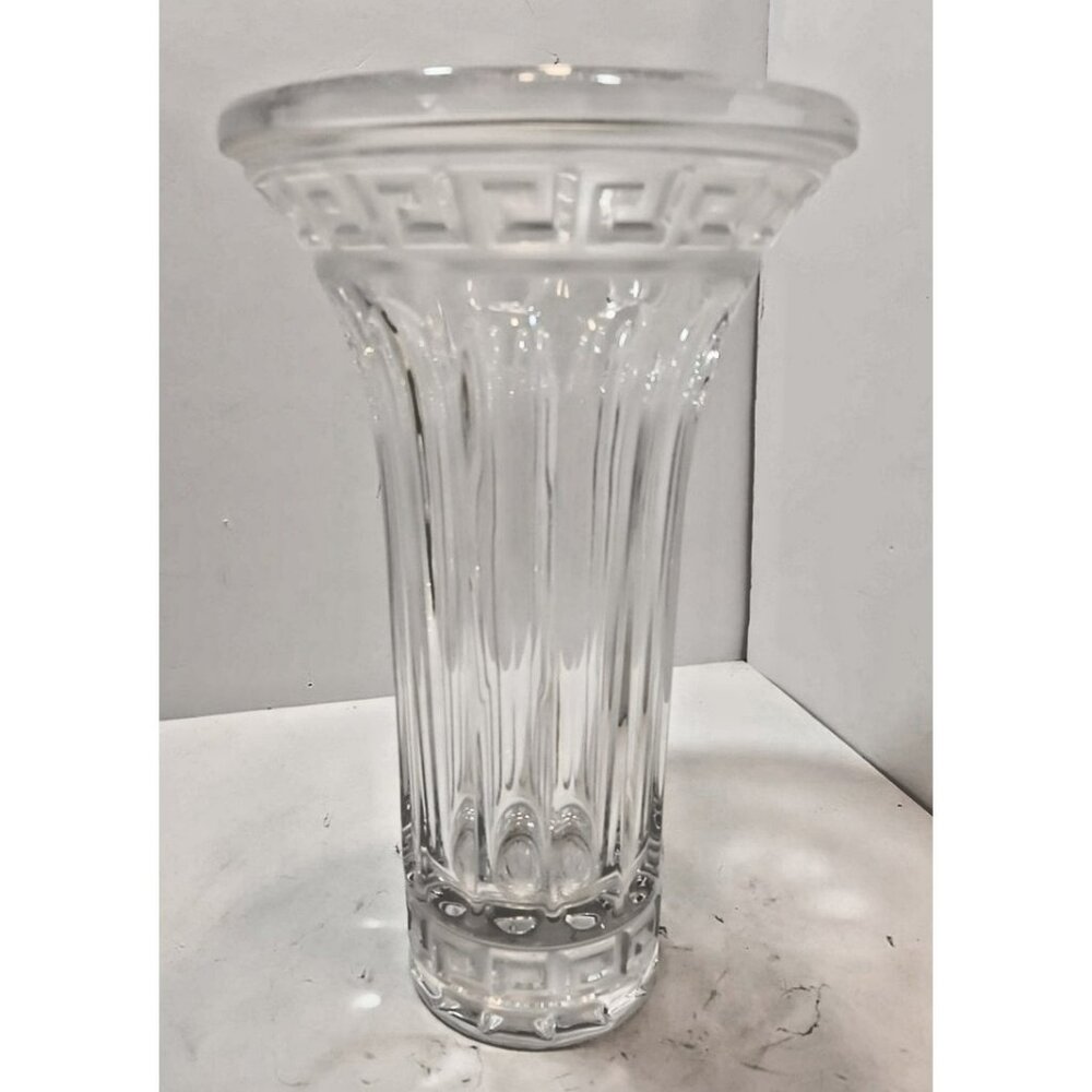 Vtg Stunning Design Guild Clear Cut Crystal Trumpet Vase with Greek Motif